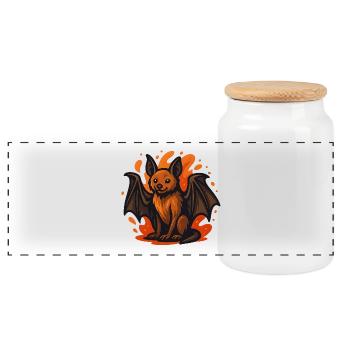 Flaming Flying Dog bat in flames - Panoramic Cookie Jar with Wooden Lid - white - Front