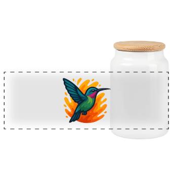 Colorful hummingbird against flaming background - Panoramic Cookie Jar with Wooden Lid - white - Front