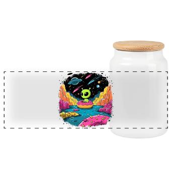 Petit extraterrestre sur beignet dans un cosmos coloré - Boîte à biscuits avec couvercle en bois - blanc - Devant