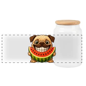 Happy Pug with Melon Summer Dogs Fun - Panoramic Cookie Jar with Wooden Lid - white - Front