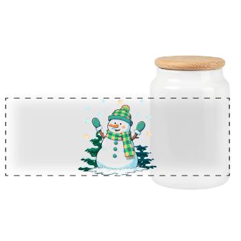 Fröhlicher Schneemann im Winterwald - Panorama Keksdose mit Holzdeckel - Weiß - Vorne