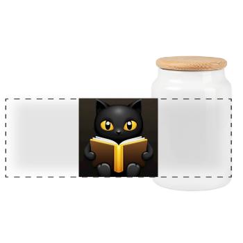 Magical Black Cat with Gold - Panoramic Cookie Jar with Wooden Lid - white - Front