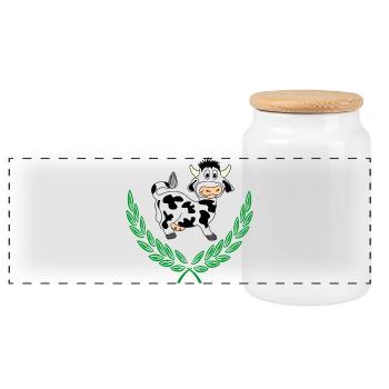 Cute Cow in Green Laurel Wreath - Panoramic Cookie Jar with Wooden Lid - white - Front
