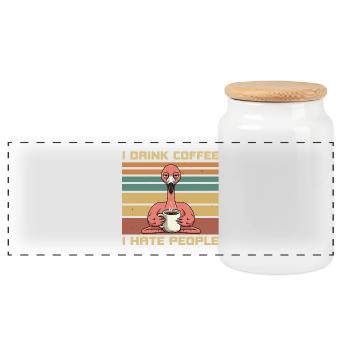 Lustige Flamingos trinken Kaffee und hassen Menschen - Panorama Keksdose mit Holzdeckel - Weiß - Vorne