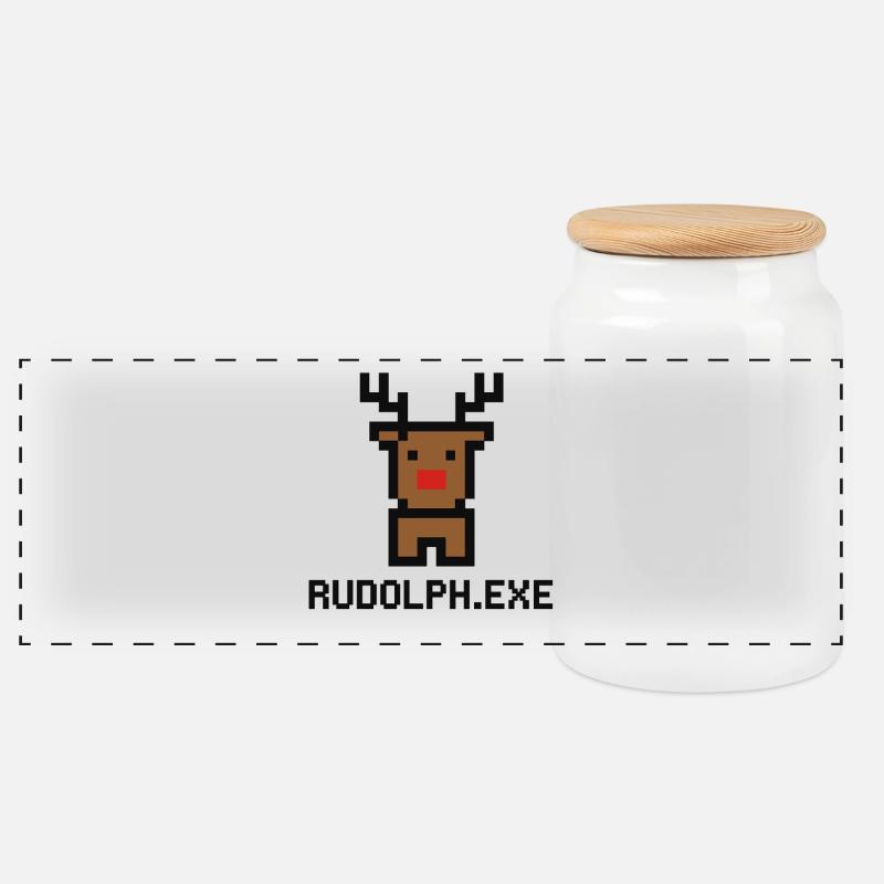 Rudolph.exe Pixel Rentier - Panorama Keksdose mit Holzdeckel - Weiß