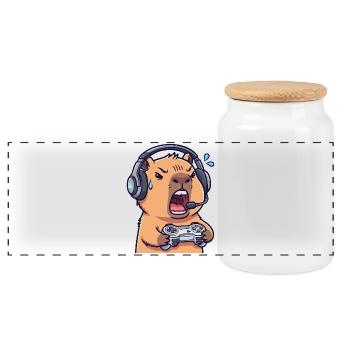 Capybara Gamer Edgy - Video Game Humor T-Shirt - Panoramic Cookie Jar with Wooden Lid - white - Front