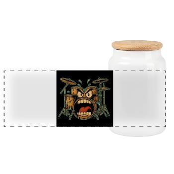 Angry Drumset Cartoon - Panoramic Cookie Jar with Wooden Lid - white - Front