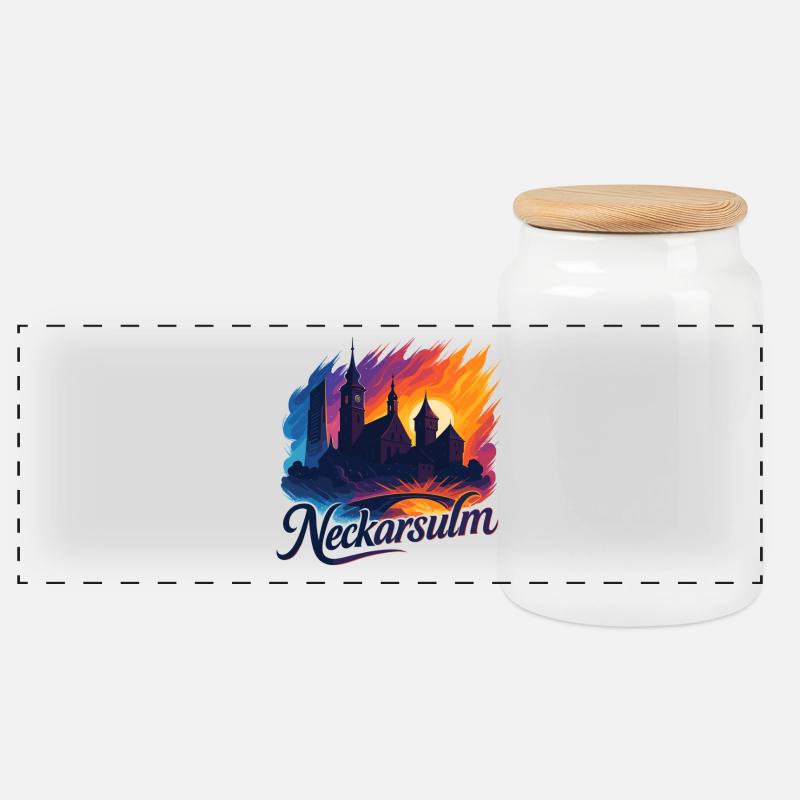 Neckarsulm Stadt Silhouette Neckar Geschenk - Panorama Keksdose mit Holzdeckel - Weiß