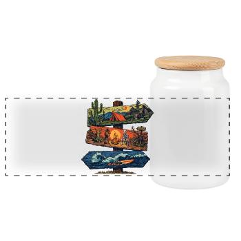 Adventure Signpost – Camping, Desert & Surf - Panoramic Cookie Jar with Wooden Lid - white - Front