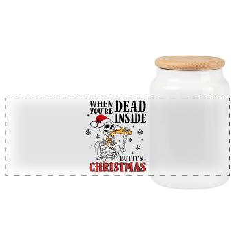 Skeleton sings Christmas in Santa hat - Panoramic Cookie Jar with Wooden Lid - white - Front