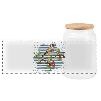 Bunter Vogel - Panorama Keksdose mit Holzdeckel - Weiß - Vorne