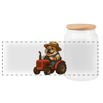 Niedlicher Bulldoggenbauer fährt roten Traktor-Cartoon - Panorama Keksdose mit Holzdeckel - Weiß - Vorne