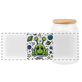 Little Alien Peace Sign Space - Panoramic Cookie Jar with Wooden Lid - white - Front