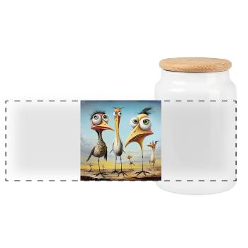 Coastal Gossip: Bizarre Bird Troop - Panoramic Cookie Jar with Wooden Lid - white - Front