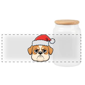 Grim Bulldog in Santa Hat Anti Christmas - Panoramic Cookie Jar with Wooden Lid - white - Front