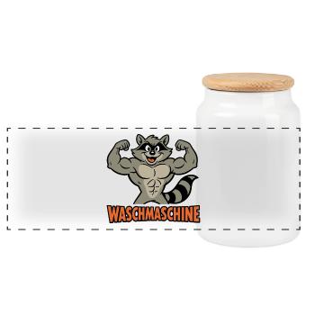 Raccoon Fitness Washing Machine Funny Gym Gift - Panoramic Cookie Jar with Wooden Lid - white - Front