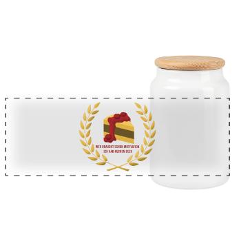 Wer_braucht_schon_Motivation_Ich_hab_Kuchen_van - Panoramic Cookie Jar with Wooden Lid - white - Front
