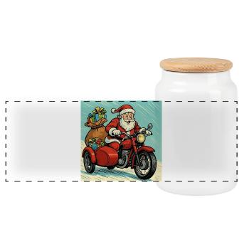 Le Père Noël sur une moto avec side-car – Style comics - Boîte à biscuits avec couvercle en bois - blanc - Devant