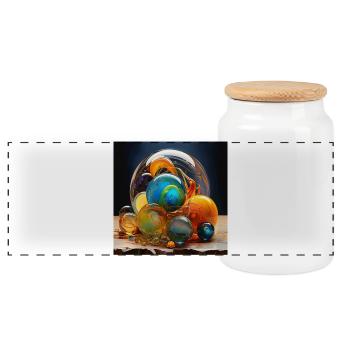 Colored Glass Blowing Art - Panoramic Cookie Jar with Wooden Lid - white - Front