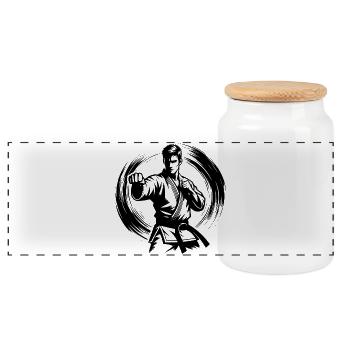 Dynamic Fighting Pose Perfect Karate Silhouette - Panoramic Cookie Jar with Wooden Lid - white - Front