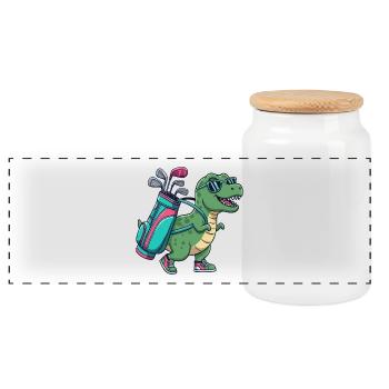 Funny Dinosaur Golfer Cartoon Cool Golf Animal - Panoramic Cookie Jar with Wooden Lid - white - Front