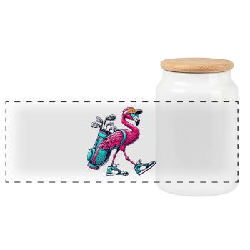 Funny Flamingo Golfer Cartoon Cool Golf Animal - Panoramic Cookie Jar with Wooden Lid - white - Front