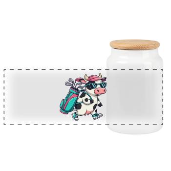 Funny Cow Golfer Cartoon Cool Golf Animal - Panoramic Cookie Jar with Wooden Lid - white - Front