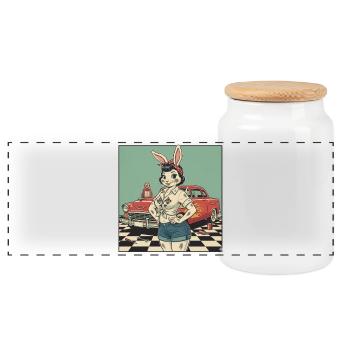 Häsin Racer Pinup Retro Auto - Panorama Keksdose mit Holzdeckel - Weiß - Vorne