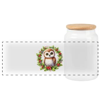 Couronne de chouette de houx pendant la saison des fêtes - Boîte à biscuits avec couvercle en bois - blanc - Devant