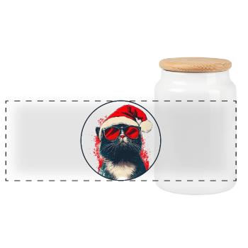 Cool Cat with Sunglasses Santa Hat - Panoramic Cookie Jar with Wooden Lid - white - Front