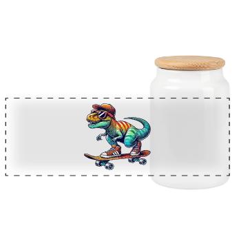 Lustiger Dinosaurier, der auf Skateboard skatet, Cartoon-Skate. - Panorama Keksdose mit Holzdeckel - Weiß - Vorne