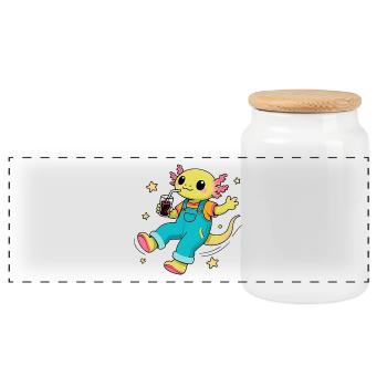 Happy Axolotl floating in space - Panoramic Cookie Jar with Wooden Lid - white - Front