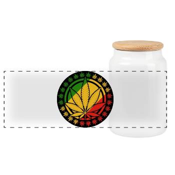 Une feuille de cannabis à l'intérieur d'un cercle rouge jaune vert - Boîte à biscuits avec couvercle en bois - blanc - Devant