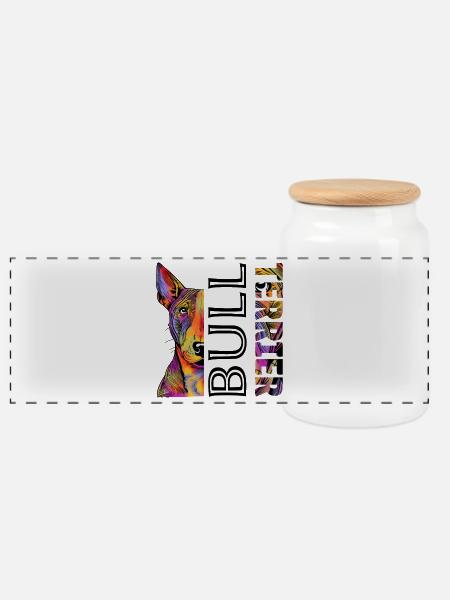 Farbenfroher Bull Terrier - Panorama Keksdose mit Holzdeckel - Weiß