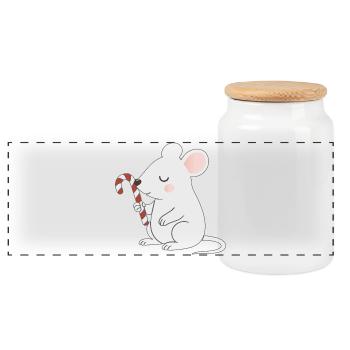 Cute Mouse with Candy Cane – Cute Cartoon - Panoramic Cookie Jar with Wooden Lid - white - Front