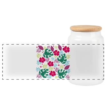 Tropische Blütenpracht mit Hibiskusblüten Monstera - Panorama Keksdose mit Holzdeckel - Weiß - Vorne