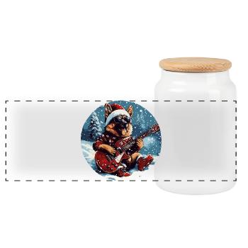 German Shepherd Dog Christmas Guitar - Panoramic Cookie Jar with Wooden Lid - white - Front