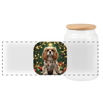 Festive Pup under Christmas Lights Star - Panoramic Cookie Jar with Wooden Lid - white - Front