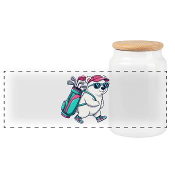 Funny Polar-Bear Golfer Cartoon Cool Golf Animal - Panoramic Cookie Jar with Wooden Lid - white - Front
