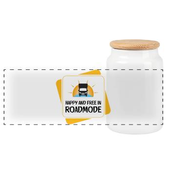 Happy and Free in Roadmode – Camper - Panoramic Cookie Jar with Wooden Lid - white - Front