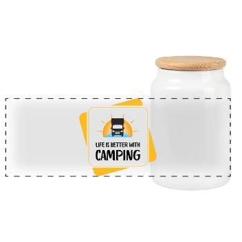 Life Is Better with Camping – Design - Panorama Keksdose mit Holzdeckel - Weiß - Vorne