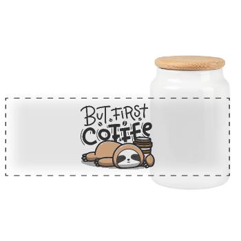 But First Coffee Schlafender Sloth - Panorama Keksdose mit Holzdeckel - Weiß - Vorne