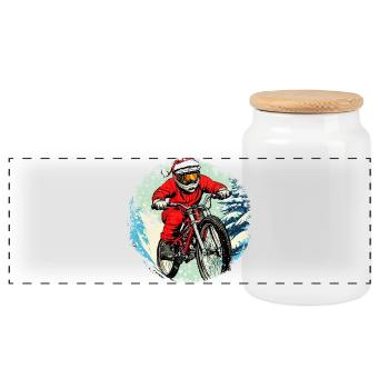 Christmas Biker / Mountain Bike - Panoramic Cookie Jar with Wooden Lid - white - Front