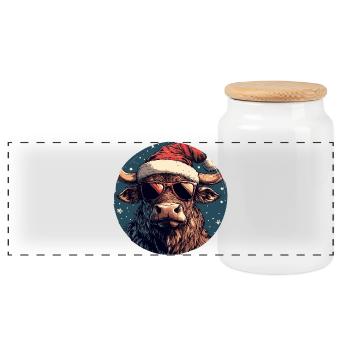 Rind Bulle mit Santa-Hut und Sonnenbrille - Panorama Keksdose mit Holzdeckel - Weiß - Vorne