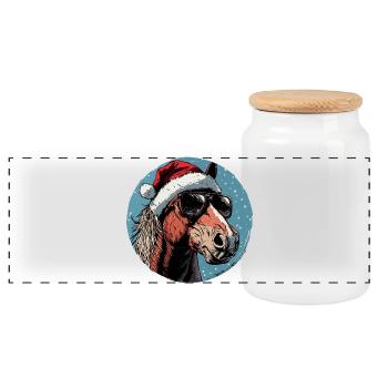 Weihnachts-Pferd mit Sonnenbrille - Panorama Keksdose mit Holzdeckel - Weiß - Vorne