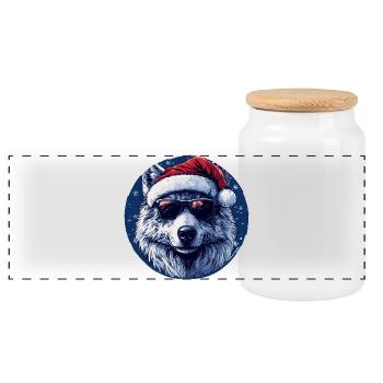 Loup avec chapeau de Noël et lunettes de soleil - Boîte à biscuits avec couvercle en bois - blanc - Devant