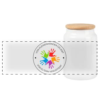 Von kleinen Händen geliebt – Bunte Handabdrücke - Panorama Keksdose mit Holzdeckel - Weiß - Vorne