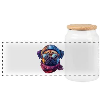 Hipster-Mops, Mütze und Schal mit Sonnenbrille - Panorama Keksdose mit Holzdeckel - Weiß - Vorne