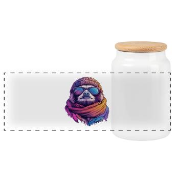 Hipster Sloth Cartoon Kawaii Beanie Sunglasses - Panoramic Cookie Jar with Wooden Lid - white - Front