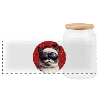 Kater Santa mit Sonnenbrille - Panorama Keksdose mit Holzdeckel - Weiß - Vorne